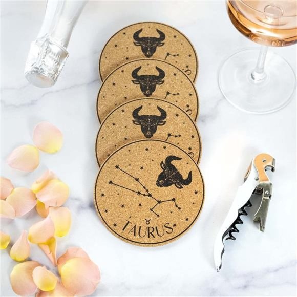 Taurus Cork Coasters - (Set of 4) Unique Boho Zodiac Decor - Modern Astrology - Picture 6 of 6
